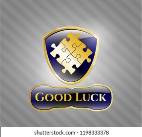 Gold emblem or badge with solution icon and Good Luck text inside