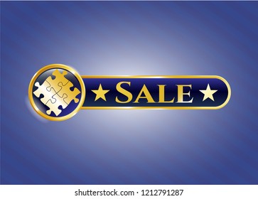  Gold emblem or badge with solution icon and Sale text inside
