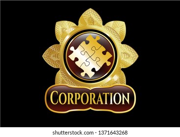  Gold emblem or badge with solution icon and Corporation text inside