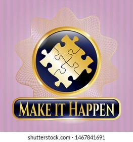  Gold emblem or badge with solution icon and Make it Happen text inside