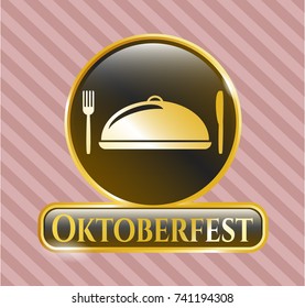  Gold emblem or badge with special food icon and Oktoberfest text inside