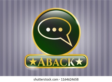 Gold emblem or badge with speech bubble icon and Aback text inside