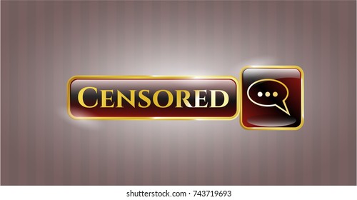 Gold emblem or badge with speech bubble icon and Censored text inside