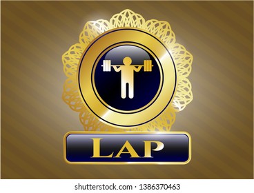  Gold emblem or badge with squat icon and Lap text inside