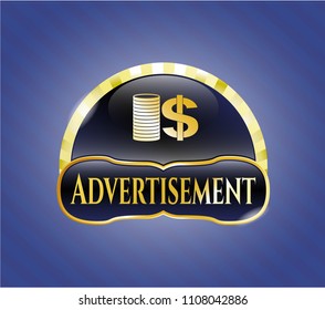  Gold emblem or badge with stack of coins icon and Advertisement text inside