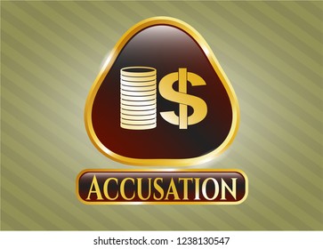  Gold emblem or badge with stack of coins icon and Accusation text inside