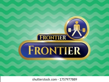 Gold emblem or badge with sumo deadlift icon and Frontier text inside