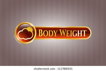  Gold emblem or badge with sun behind cloud icon and Body Weight text inside