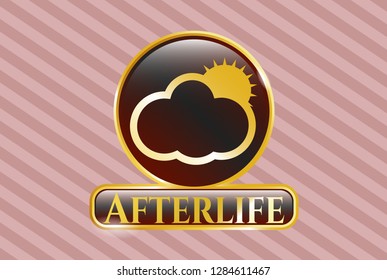  Gold emblem or badge with sun behind cloud icon and Afterlife text inside