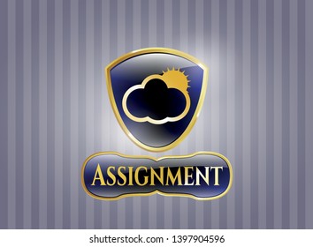  Gold emblem or badge with sun behind cloud icon and Assignment text inside