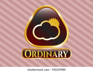  Gold emblem or badge with sun behind cloud icon and Ordinary text inside