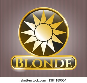  Gold emblem or badge with sun icon and Blonde text inside