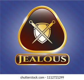   Gold emblem or badge with swords crossed with shield icon and Jealous text inside