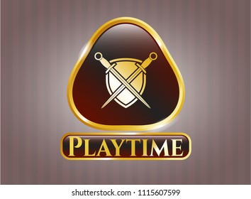   Gold emblem or badge with swords crossed with shield icon and Playtime text inside