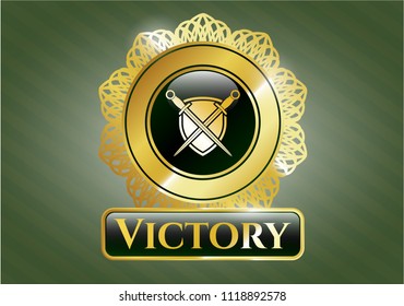 Gold emblem or badge with swords crossed with shield icon and Victory text inside