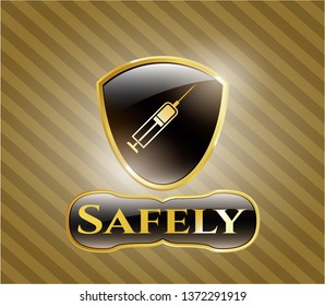  Gold emblem or badge with syringe icon and Safely text inside