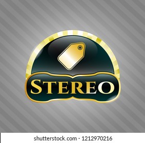  Gold emblem or badge with tag icon and Stereo text inside