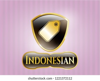  Gold emblem or badge with tag icon and Indonesian text inside