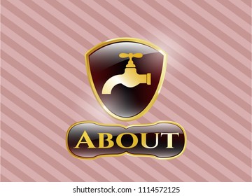  Gold emblem or badge with tap icon and About text inside