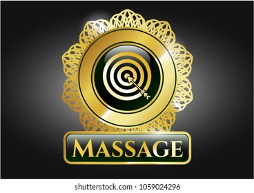  Gold emblem or badge with target, business icon and Massage text inside