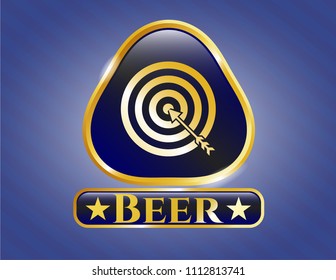   Gold emblem or badge with target, business icon and Beer text inside
