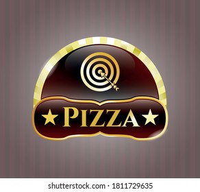 Gold emblem or badge with target, business icon and Pizza text inside