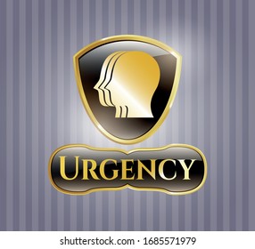 Gold emblem or badge with team work icon and Urgency text inside