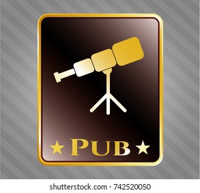  Gold emblem or badge with telescope icon and Pub text inside