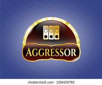  Gold emblem or badge with three folders icon and Aggressor text inside