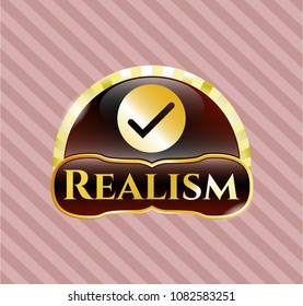  Gold emblem or badge with tick icon and Realism text inside