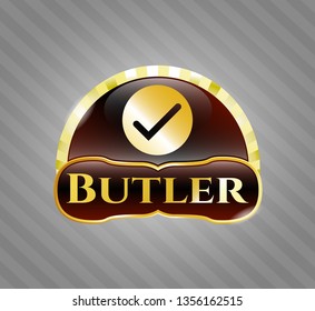 Gold emblem or badge with tick icon and Butler text inside