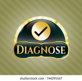  Gold emblem or badge with tick icon and Diagnose text inside