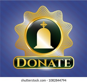  Gold emblem or badge with tombstone icon and Donate text inside