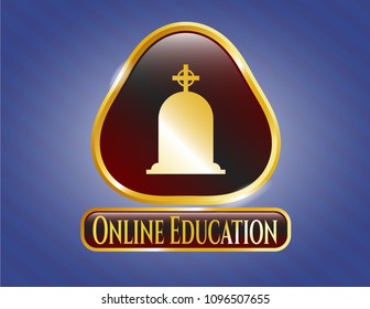   Gold emblem or badge with tombstone icon and Online Education text inside