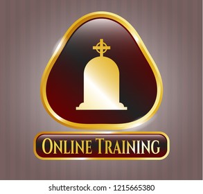  Gold emblem or badge with tombstone icon and Online Training text inside