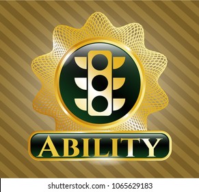 Gold emblem or badge with traffic light icon and Ability text inside