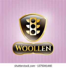  Gold emblem or badge with traffic light icon and Woollen text inside