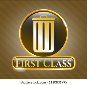   Gold emblem or badge with trash can icon and First Class text inside