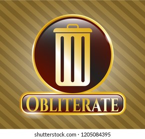 Gold emblem or badge with trash can icon and Obliterate text inside