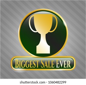  Gold emblem or badge with trophy icon and Biggest Sale Ever text inside
