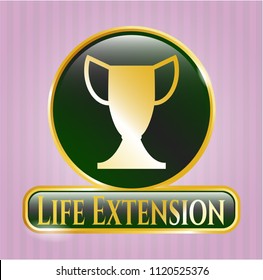  Gold emblem or badge with trophy icon and Life Extension text inside