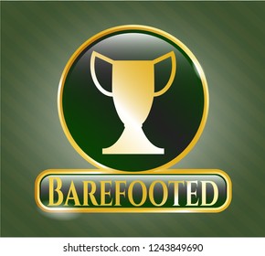  Gold emblem or badge with trophy icon and Barefooted text inside