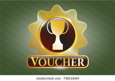  Gold emblem or badge with trophy icon and Voucher text inside