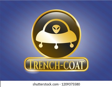  Gold emblem or badge with ufo with aline inside icon and Trench-coat text inside