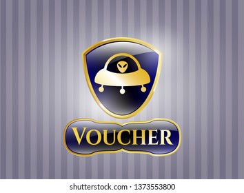  Gold emblem or badge with ufo with aline inside icon and Voucher text inside