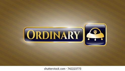  Gold emblem or badge with ufo with aline inside icon and Ordinary text inside