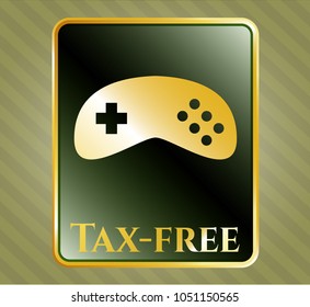  Gold emblem or badge with video game icon and Tax-free text inside