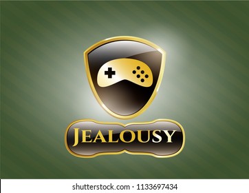 Gold emblem or badge with video game icon and Jealousy text inside