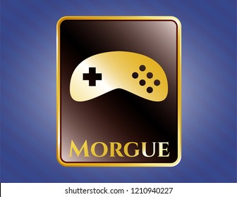  Gold emblem or badge with video game icon and Morgue text inside