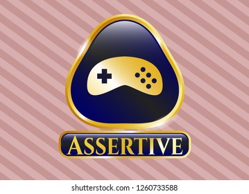  Gold emblem or badge with video game icon and Assertive text inside